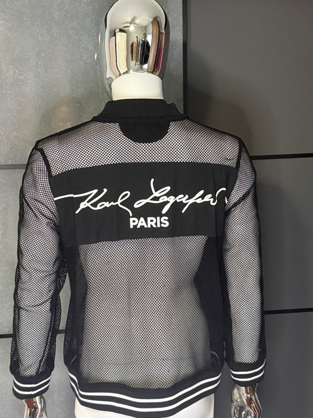 Karl Lagerfeld Black Mesh Bomber Jacket with White Logo